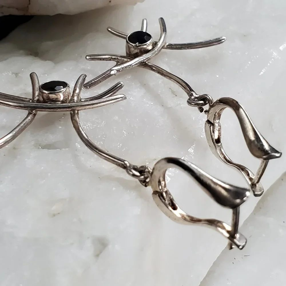 Sterling Silver 925 Earrings Natural Black Onyx Abstract Designer Silversmith